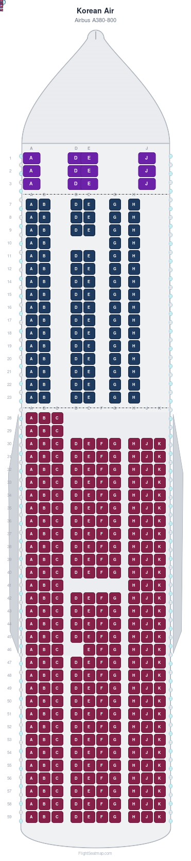 Korean Air Airbus A380-800 seat map layout showing 3-class configuration with 407 seats