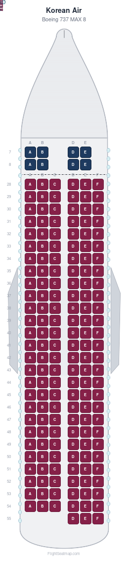 Korean Air Boeing 737 MAX 8 seat map layout showing 2-class configuration with 173 seats