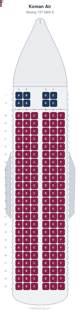 Korean Air Boeing 737 MAX 8 seat map layout showing 2-class configuration with 146 seats
