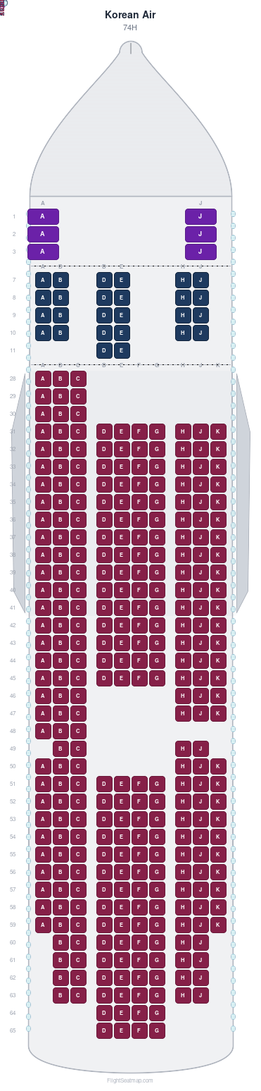 Korean Air Boeing 747-8I seat map layout for flight KE82 from JFK to ICN