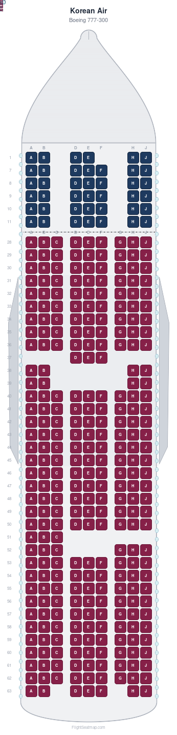 Korean Air Boeing 777-300 seat map layout for flight KE622 from MNL to ICN