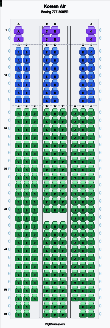 Korean Air Boeing 777-300ER seat map layout showing 3-class configuration with 277 seats