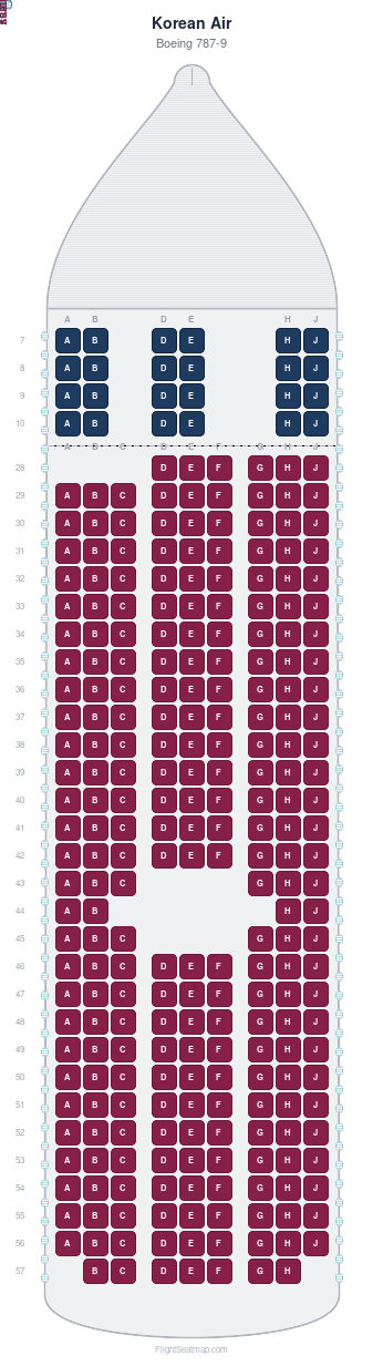 Korean Air Boeing 787-9 seat map layout for flight KE411 from ICN to AKL