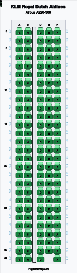 KLM Royal Dutch Airlines Airbus A220-300 seat map layout for flight KL3093 from AMS to RIX