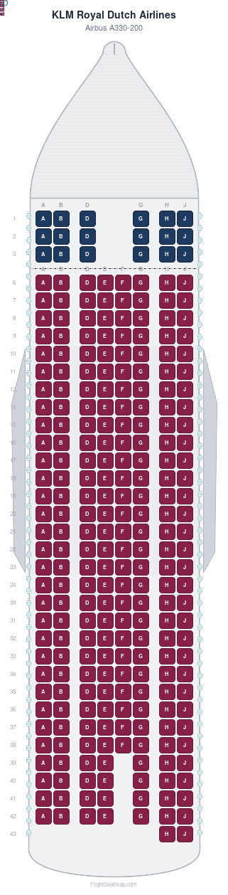 KLM Royal Dutch Airlines Airbus A330-200 seat map layout for flight KL671 from AMS to YUL