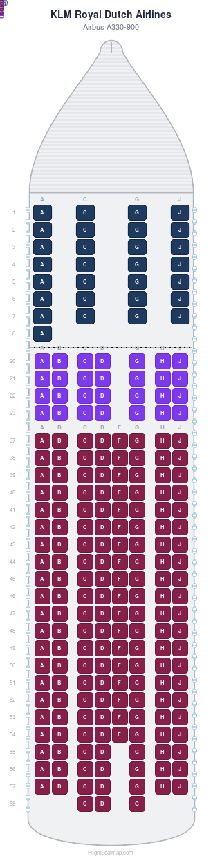 KLM Royal Dutch Airlines Airbus A330-900 seat map layout showing 3-class configuration with 225 seats
