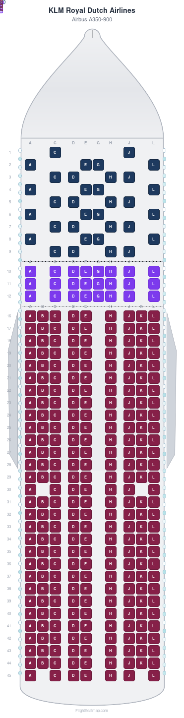 KLM Royal Dutch Airlines Airbus A350-900 seat map layout for flight KL2371 from DTW to CDG