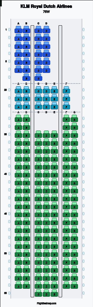 KLM Royal Dutch Airlines 76W seat map layout showing 3-class configuration with 195 seats