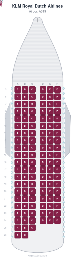KLM Royal Dutch Airlines Airbus A319 seat map layout showing 1-class configuration with 119 seats