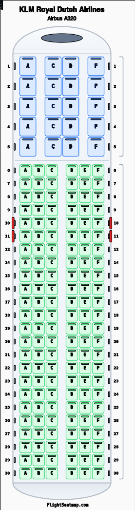 KLM Royal Dutch Airlines Airbus A320 seat map layout showing 2-class configuration with 164 seats