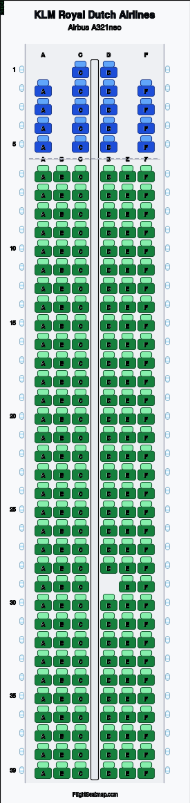 KLM Royal Dutch Airlines Airbus A321neo seat map layout for flight KL1412 from CDG to AMS