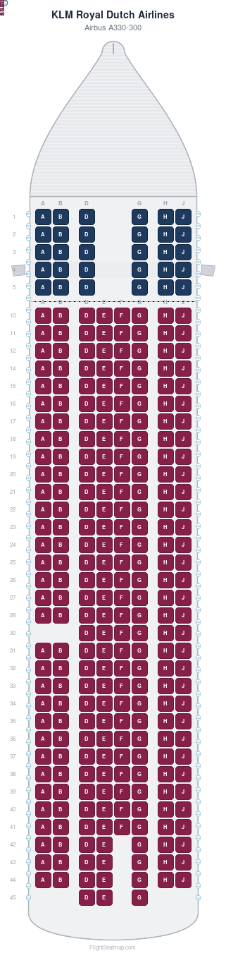 KLM Royal Dutch Airlines Airbus A330-300 seat map layout for flight KL425 from AMS to AMS