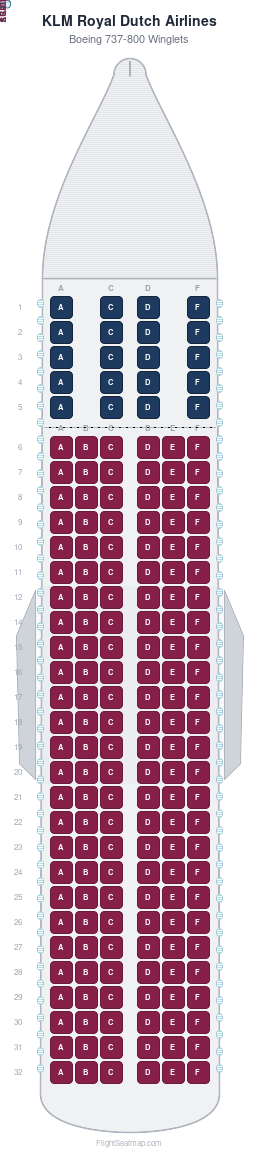 KLM Royal Dutch Airlines Boeing 737-800 Winglets seat map layout for flight KL1403 from AMS to CDG