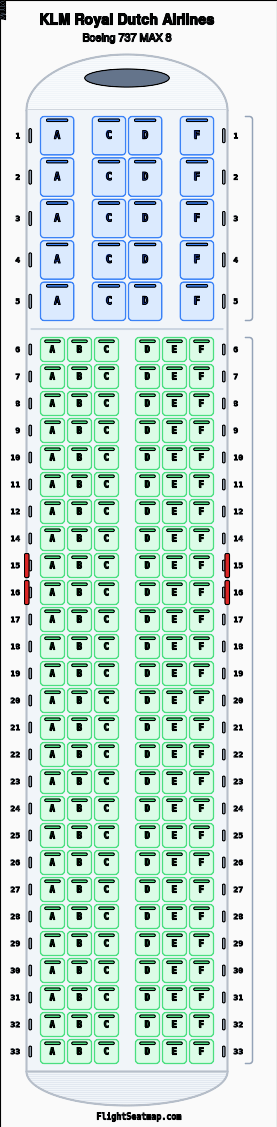 KLM Royal Dutch Airlines Boeing 737 MAX 8 seat map layout showing 2-class configuration with 182 seats