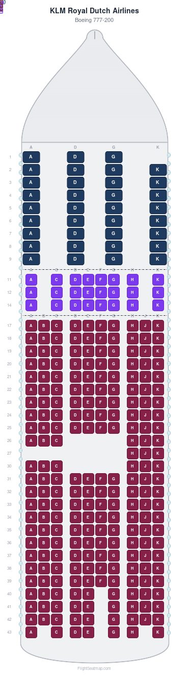 KLM Royal Dutch Airlines Boeing 777-200 seat map layout for flight KL677 from AMS to YYC