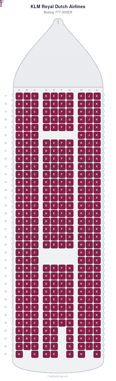 KLM Royal Dutch Airlines Boeing 777-300ER seat map layout showing 1-class configuration with 322 seats