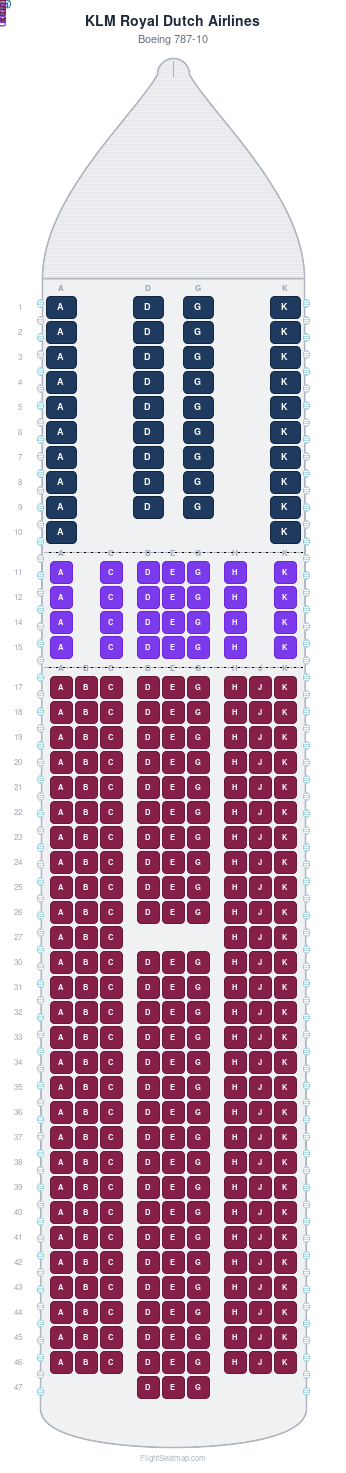 KLM Royal Dutch Airlines Boeing 787-10 seat map layout for flight KL642 from JFK to AMS