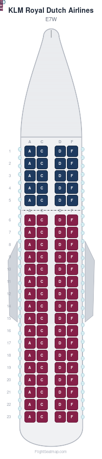 KLM Royal Dutch Airlines E7W seat map layout showing 2-class configuration with 88 seats