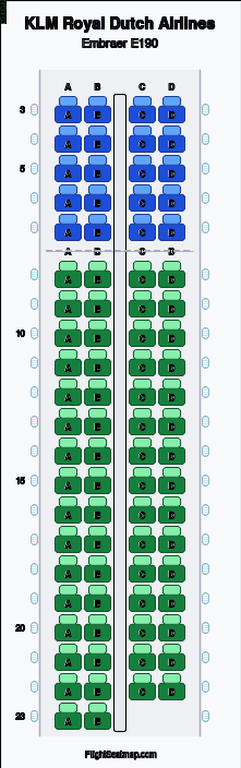 KLM Royal Dutch Airlines Embraer E190 seat map layout for flight KL958 from NCL to AMS