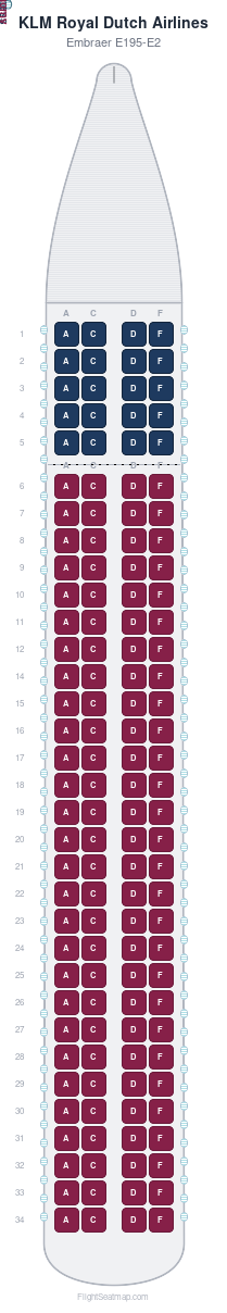 KLM Royal Dutch Airlines Embraer E195-E2 seat map layout for flight KL1010 from LHR to AMS