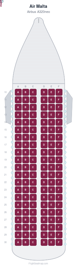 Air Malta Airbus A320neo seat map layout showing 1-class configuration with 126 seats