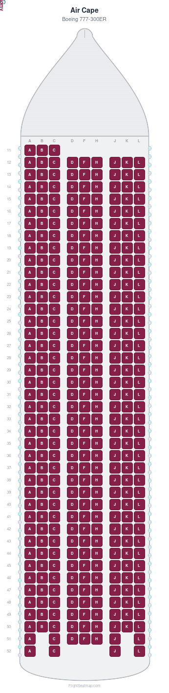 Air Cape Boeing 777-300ER seat map layout showing 1-class configuration with 365 seats