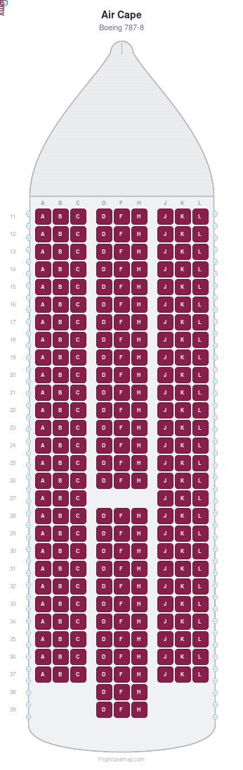 Air Cape Boeing 787-8 seat map layout showing 1-class configuration with 246 seats