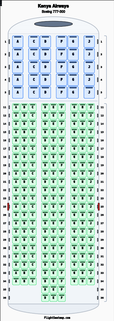 Kenya Airways Boeing 777-300 seat map layout for flight KQ101 from LHR to NBO