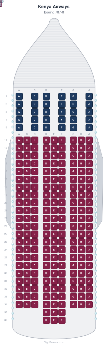 Kenya Airways Boeing 787-8 seat map layout for flight KQ886 from NBO to CAN