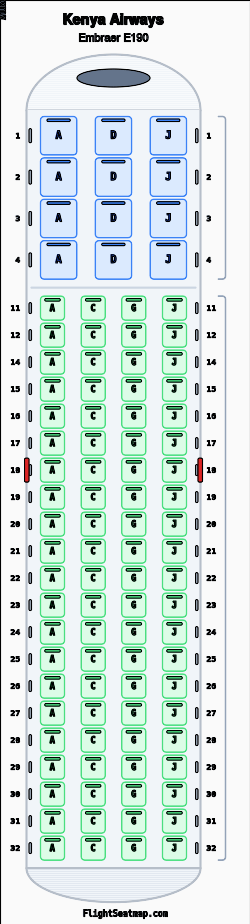 Kenya Airways Embraer E190 seat map layout for flight KQ499 from ZNZ to NBO