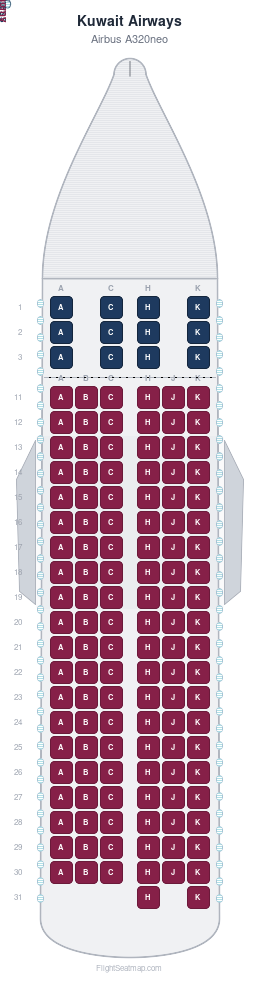 Kuwait Airways Airbus A320neo seat map layout for flight KU171 from KWI to FRA