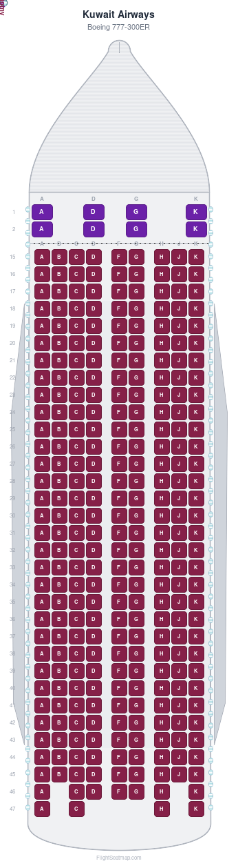 Kuwait Airways Boeing 777-300ER seat map layout showing 2-class configuration with 298 seats