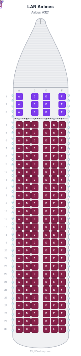 LAN Airlines Airbus A321 seat map layout showing 2-class configuration with 174 seats