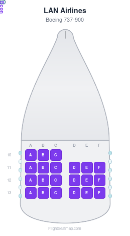 LAN Airlines Boeing 737-900 seat map layout showing 1-class configuration with 21 seats