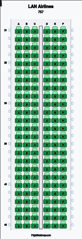 LAN Airlines 757 seat map layout showing 1-class configuration with 150 seats