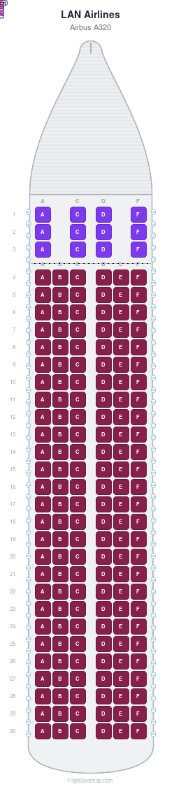 LAN Airlines Airbus A320 seat map layout for flight LA3211 from UDI to GRU