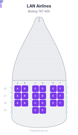 LAN Airlines Boeing 767-400 seat map layout showing 1-class configuration with 20 seats