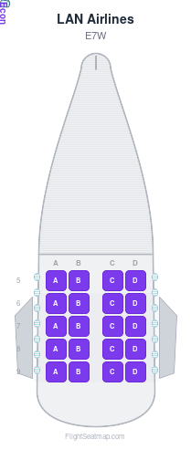 LAN Airlines E7W seat map layout showing 1-class configuration with 20 seats