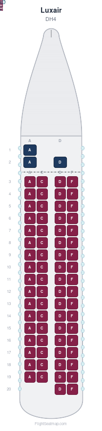 Luxair DH4 seat map layout for flight LG8011 from LUX to CDG