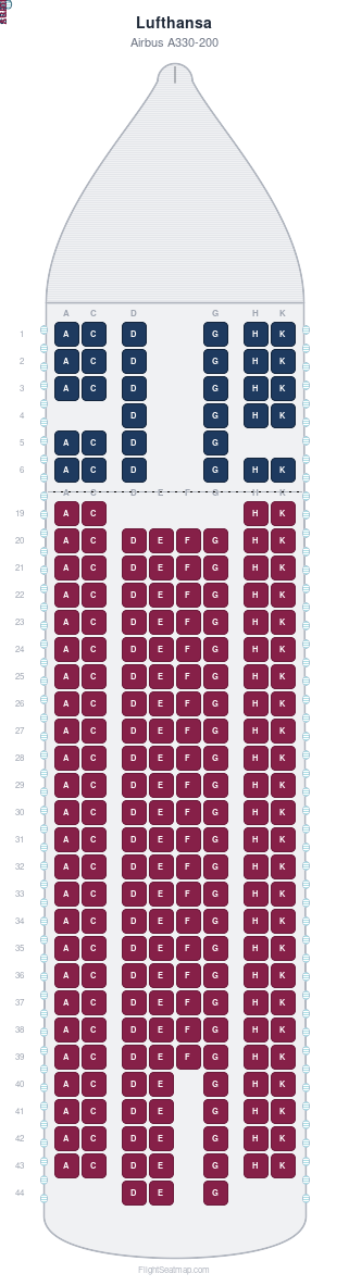 Lufthansa Airbus A330-200 seat map layout showing 2-class configuration with 227 seats