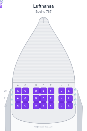 Lufthansa Boeing 787 seat map layout showing 1-class configuration with 21 seats