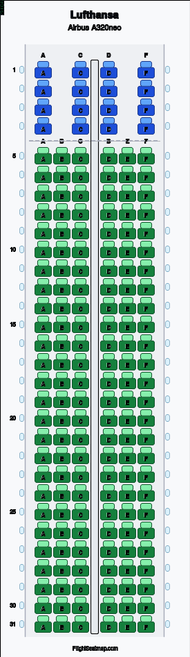 Lufthansa Airbus A320neo seat map layout showing 2-class configuration with 172 seats