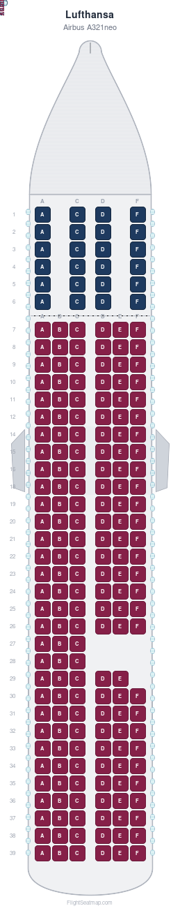 Lufthansa Airbus A321neo seat map layout showing 2-class configuration with 203 seats