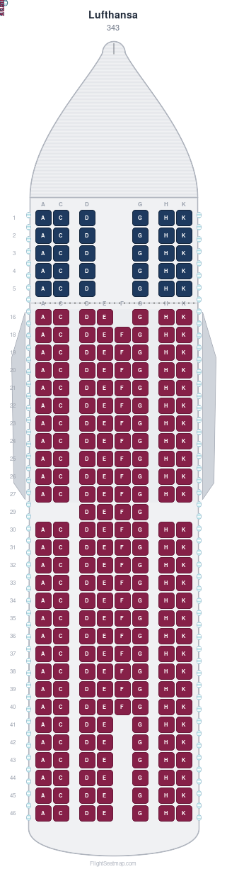 Lufthansa 343 seat map layout for flight LH421 from BOS to FRA