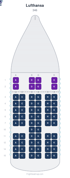 Lufthansa 346 seat map layout showing 2-class configuration with 64 seats