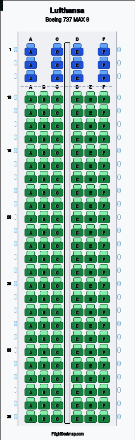 Lufthansa Boeing 737 MAX 8 seat map layout showing 2-class configuration with 162 seats