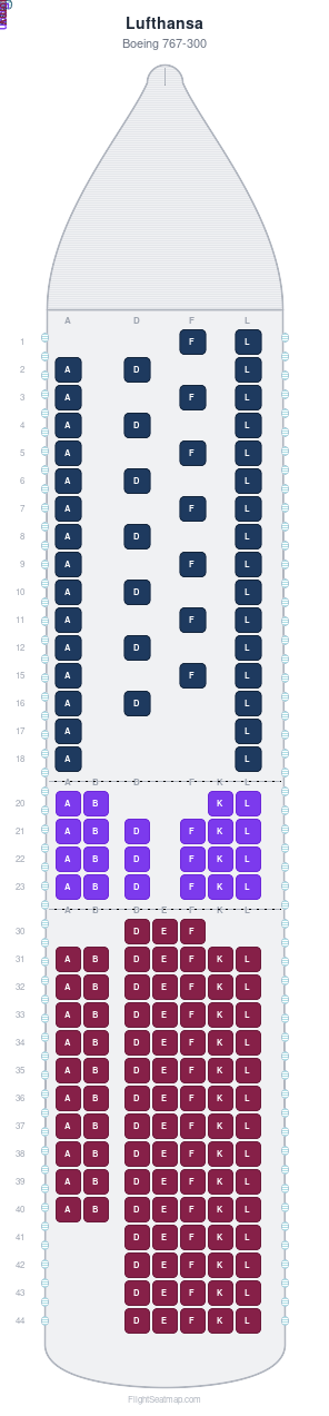 Lufthansa Boeing 767-300 seat map layout showing 3-class configuration with 160 seats