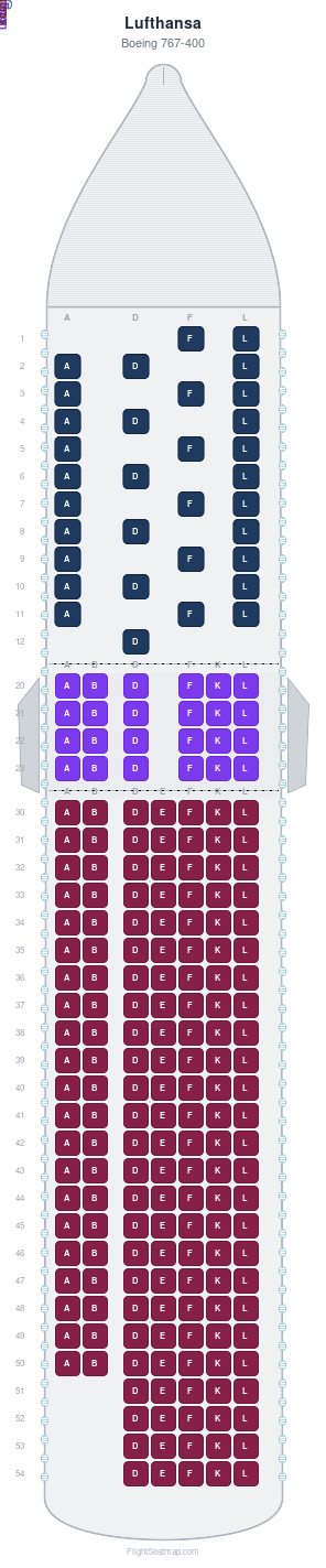 Lufthansa Boeing 767-400 seat map layout showing 3-class configuration with 224 seats