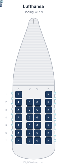 Lufthansa Boeing 787-9 seat map layout for flight LH542 from FRA to BOG