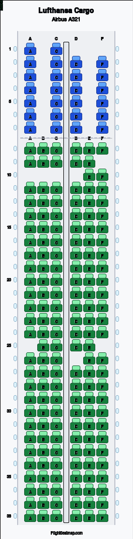 Lufthansa Cargo Airbus A321 seat map layout for flight LH1114 from FRA to MAD